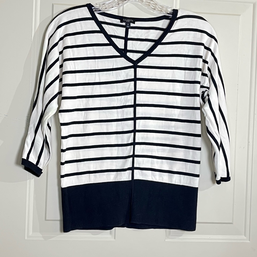 Talbots White and Navy Striped V-Neck Cotton Pullover
